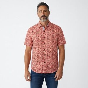 Tommy Bahama Mens Large Red Orange Mosaic Tile Print Short Sleeve Button Shirt